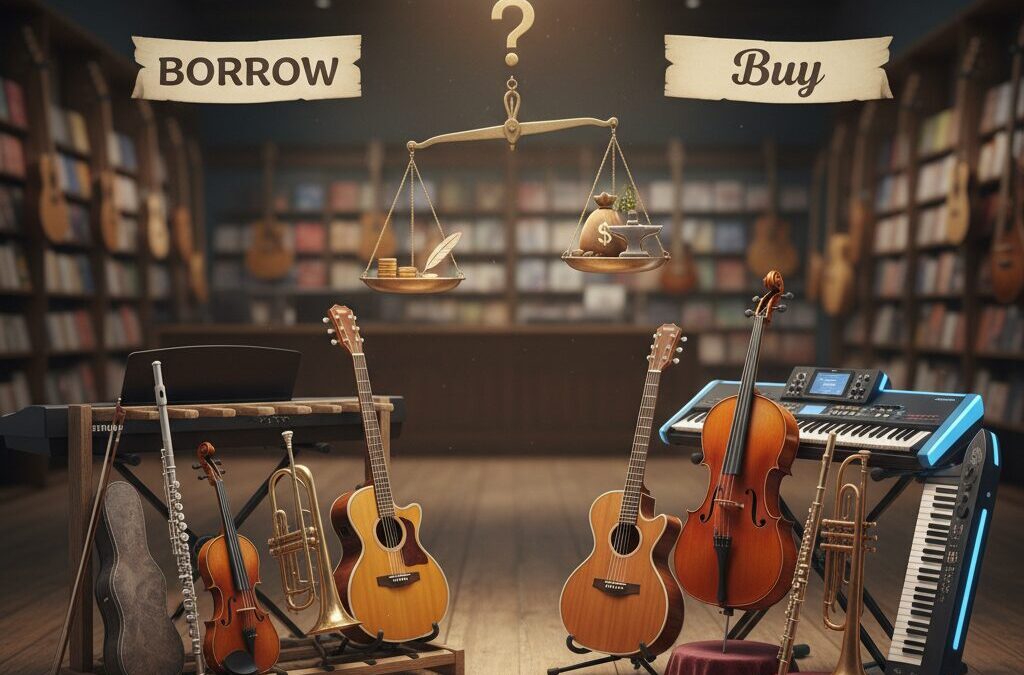 Instrument mieten oder kaufen – Vergleich mit Waage und verschiedenen Musikinstrumenten wie Gitarre, Geige, Flöte und Keyboard