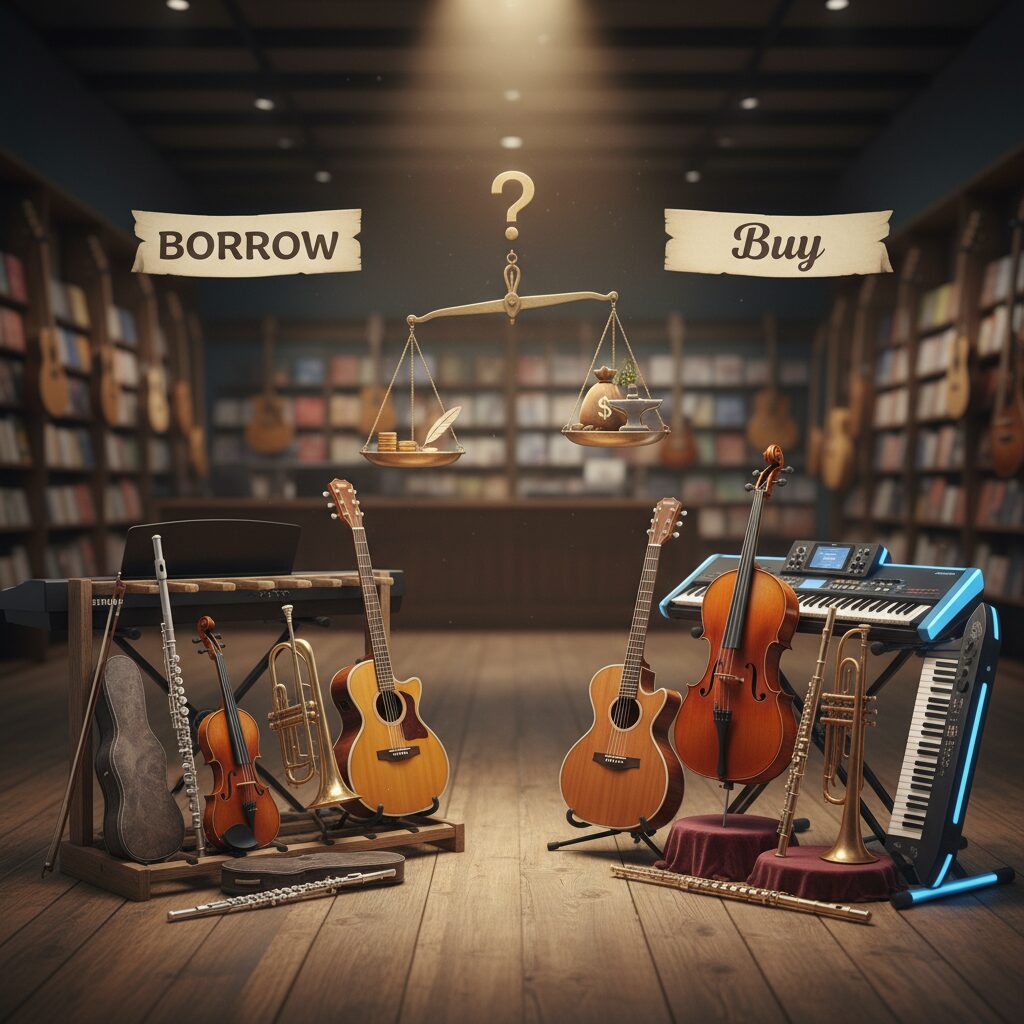 Instrument Mieten Oder Kaufen – Vergleich Mit Waage Und Verschiedenen Musikinstrumenten Wie Gitarre, Geige, Flöte Und Keyboard