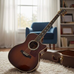 Instrument Mieten Oder Kaufen – Hochwertige Akustikgitarre Mit Koffer Im Wohnzimmer Als Beispiel Für Den Instrumentenkauf